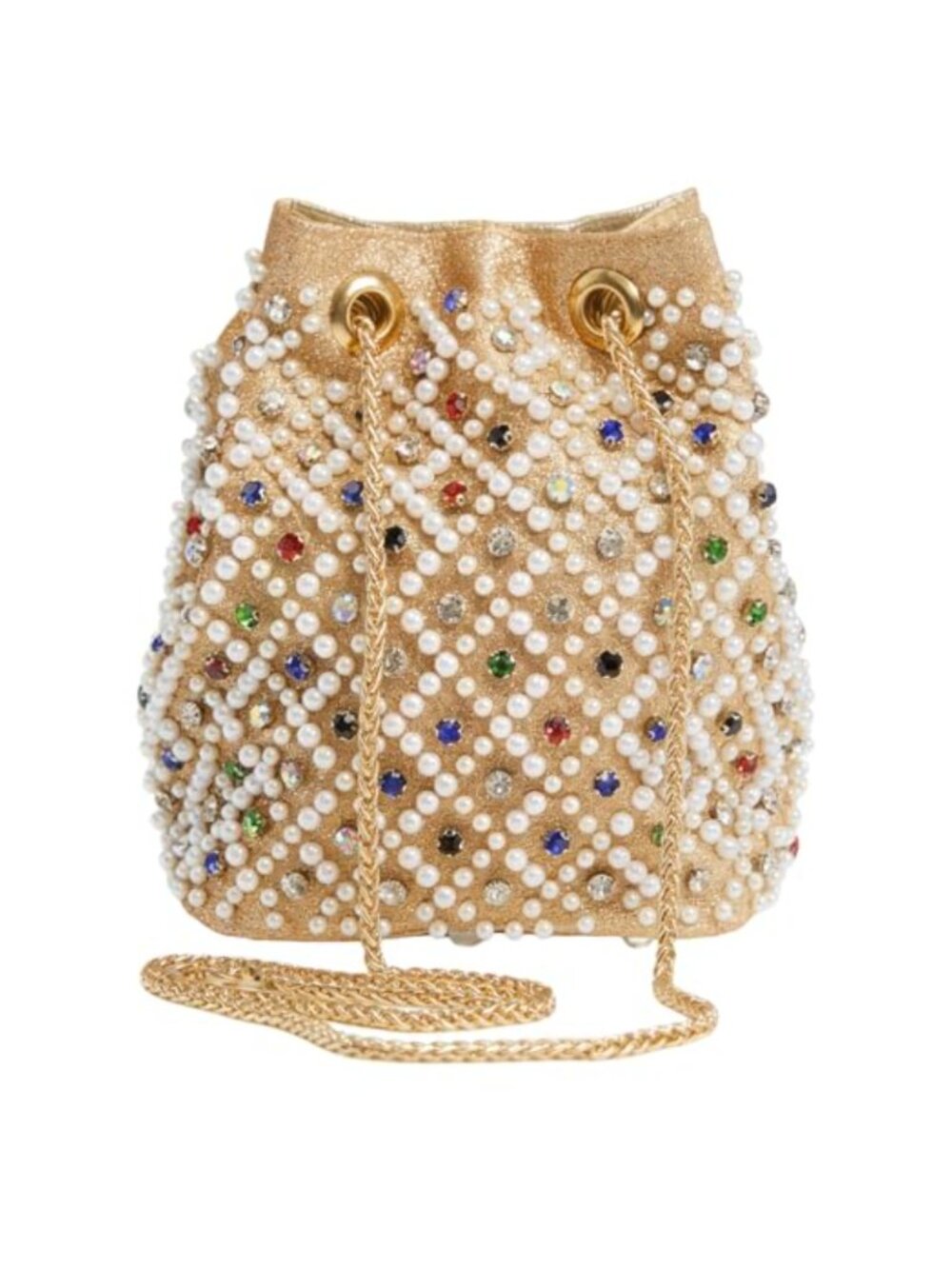 Pearl Crystal Bucket Clutch Bag for Women Beaded Drawstring Purse